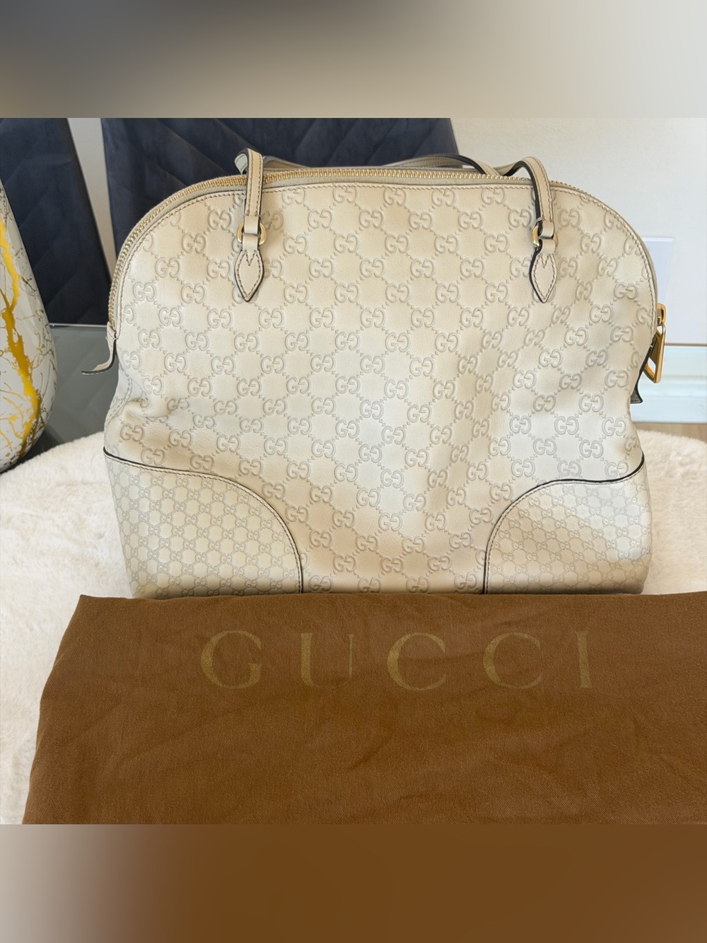 Gucci Guccissima Leather Sukey Dome Satchel Bag Off-White / Cream $1390